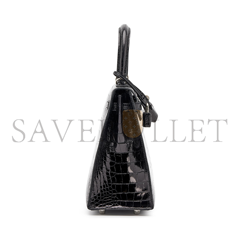 HERMÈS MASTER BLACK SHINY ALLIGATOR KELLY 25 SELLIER PALLADIUM HARDWARE (25*17*7cm)